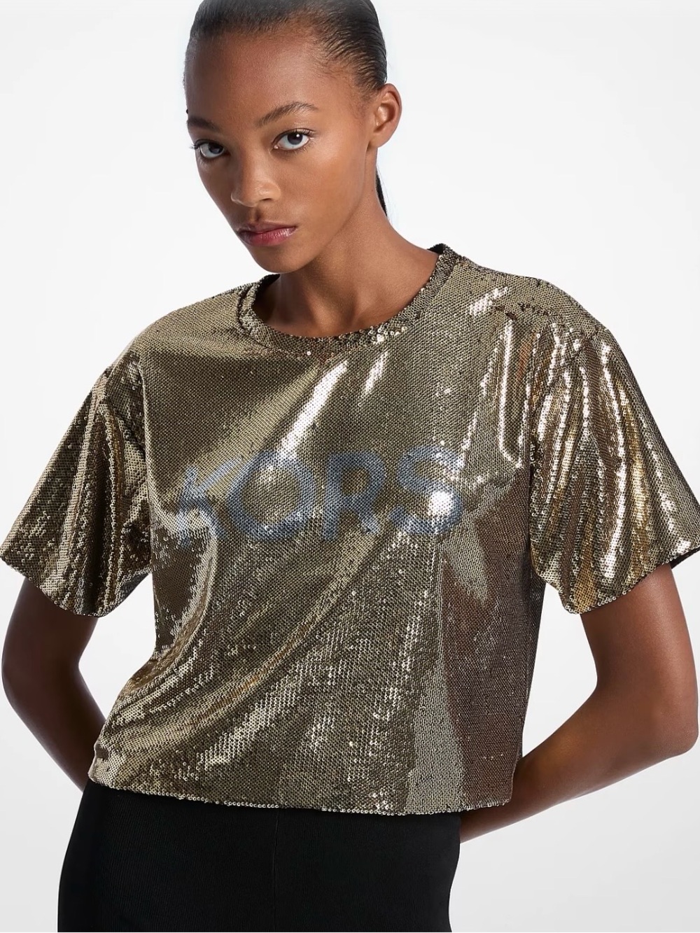 Michael Kors Gold Sequin Short-Sleeve Logo Tee NWTS